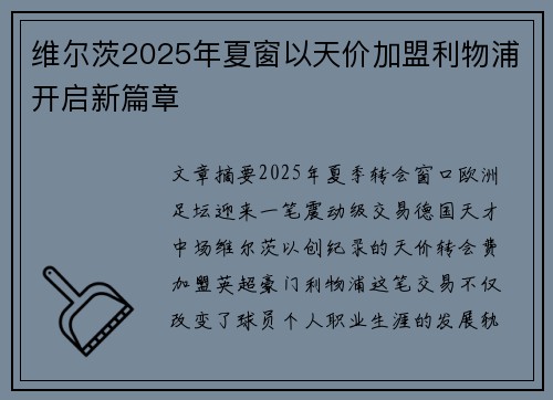 维尔茨2025年夏窗以天价加盟利物浦开启新篇章
