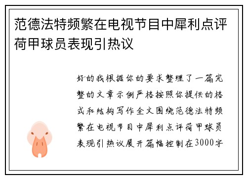 范德法特频繁在电视节目中犀利点评荷甲球员表现引热议